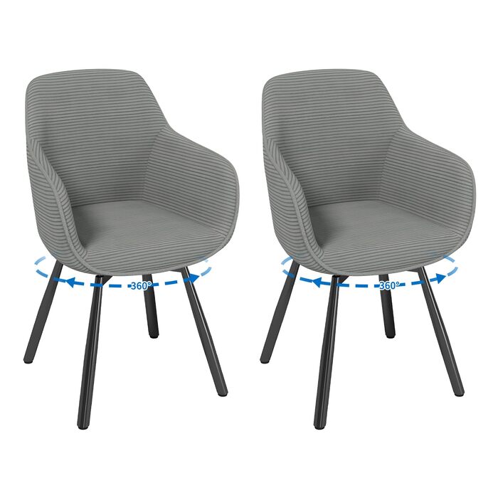 LEWE Комплект з 4 обертових кухонних стільців для їдальні з підлокітниками, сірий, сучасний дизайн, дерев'яні ніжки, тканина Cord, 360° обертання, для вітальні, спальні, кухні