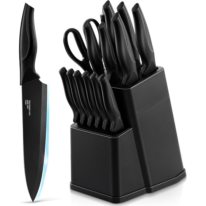 Набір кухонних ножів TEAMFAR 15 предметів з підставкою, нержавіюча сталь, з точильним каменем, антипригарне покриття, чорний