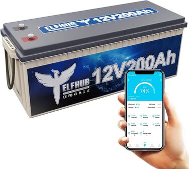 Акумуляторна батарея Elfstroke 12V 200Ah LiFePO4 з вбудованим Bluetooth 200A BMS, літієвою батареєю глибокого циклу 2560 Втгод, 4000 циклів, ідеально підходить для автофургону, сонячного причепа, човна та кемпінгу 12V 200Ah з Bluetooth