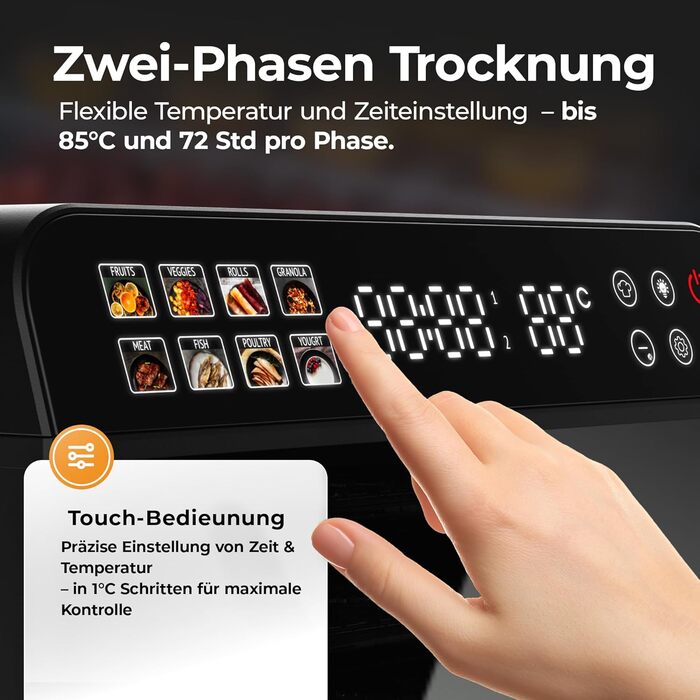 Електрична сушарка для фруктів та овочів Balter з нержавіючої сталі, 12 ярусів, 1100 Вт, 70 л об'єм, 12000 см² поверхня сушіння, BPA-free, 35–75 °C, таймер до 72 год