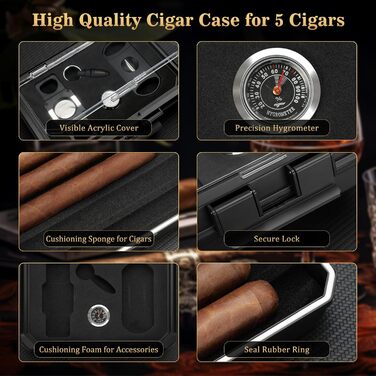 KEJIAR Видавець сигар: портативний кейс-упаковщик з різаком для сигар (V-Cut, Straight Cut, Punched), контролер вологості, чорний