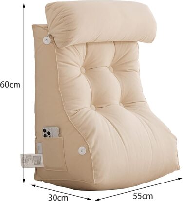 Подушка для читання COYEUX, велика подушка для ліжка з кишенею, спинка для телевізора, клиновидна подушка з підтримкою шиї, для сидіння в ліжку, на дивані або на підлозі (з підголовником) сіро-блакитна, ширина 55 см (з підголовником)