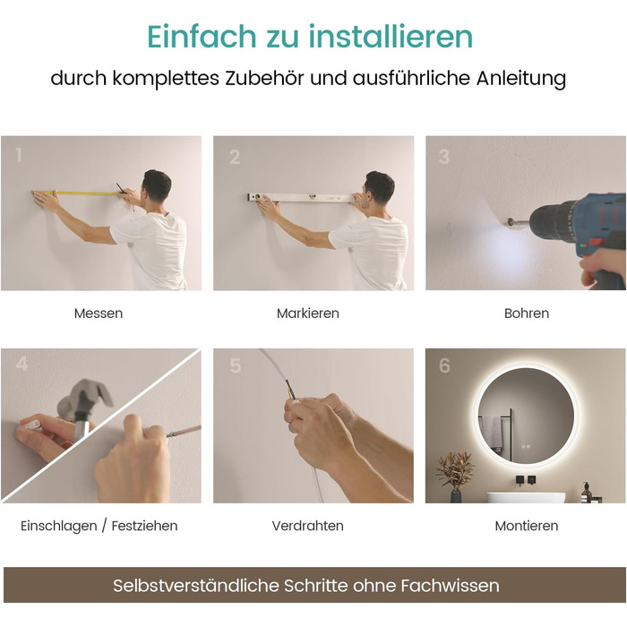 Дзеркало для ванної кімнати EMKE з підсвічуванням 80x60 см, сенсорне управління, антизапар, 3 кольори світла, регулювання яскравості, функція пам'яті, енергозбереження