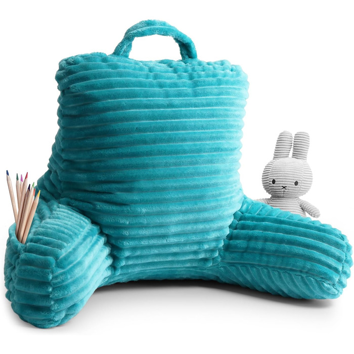 Крісло-подушка Clara Clark для дорослих - спинка для сидіння в ліжку, стандартна плюшева подушка для ліжка, подушка з наповнювачем з подрібненого пінополіуретану з підлокітниками та кишенями, срібляста (Small, блакитно-зелений)