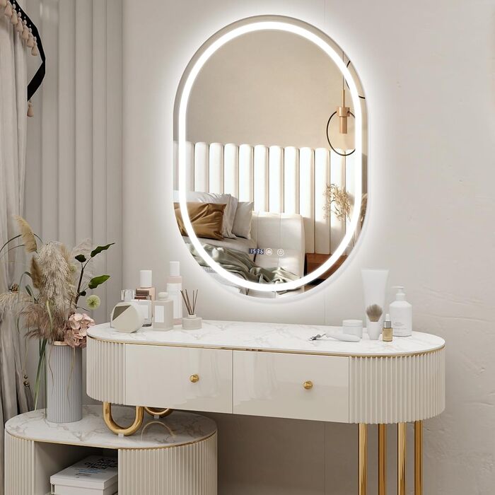 Дзеркало для ванної кімнати YOURLITE з підсвічуванням, кругле, 60 см, LED, 3 кольори, диммування, сенсорне управління, антизапар, пам'ять, IP44, овальне