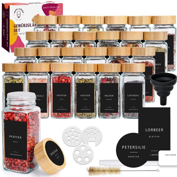 Набір баночок для спецій з дозатором [24 x 120 мл] з 303 етикетками | Контейнери для спецій з бамбуковими кришками. Набір баночок для спецій на 24 шт, органайзер для зберігання спецій, баночки для спецій з бамбуком - 24 шт - чорні етикетки