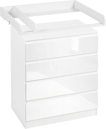 Комод для переодягання дитини Woltu з знімним пеленальним столиком, пеленальний столик, комод з 4 висувними ящиками, висота 110 см, білий + глянсовий білий