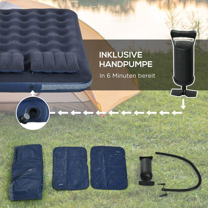 Двоспальний надувний матрац Outsunny Air Bed з ручним насосом і подушкою, синій 203x152x22 см для кемпінгу та гостей