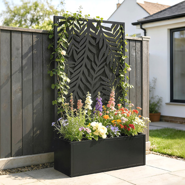 Квітковий ящик з екраном/перегородкою, кашпо з решіткою для підтримки ліан, прикрашене тропічними листковими мотивами, розміром 61 x 23 x 113 см, чорного кольору.