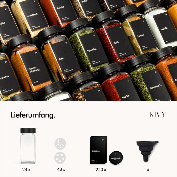 Набір скляних банок для спецій KIVY з дозатором [24x 120 мл] + 240 вологостійких етикеток - герметичні скляні баночки для спецій - набір банок для спецій чорного кольору