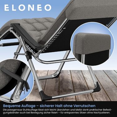 Лежак для відпочинку ELONEO: розкладний, з преміум-подушкою, стійкий до погодних умов, широка спинка, регульована, з подушкою для шиї та тримачем для напоїв (сірий)