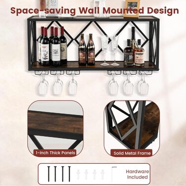 Стильна полиця для вина Komfotteu на стіну з металевим каркасом, з тримачем для келихів, 100 x 25 x 45 см