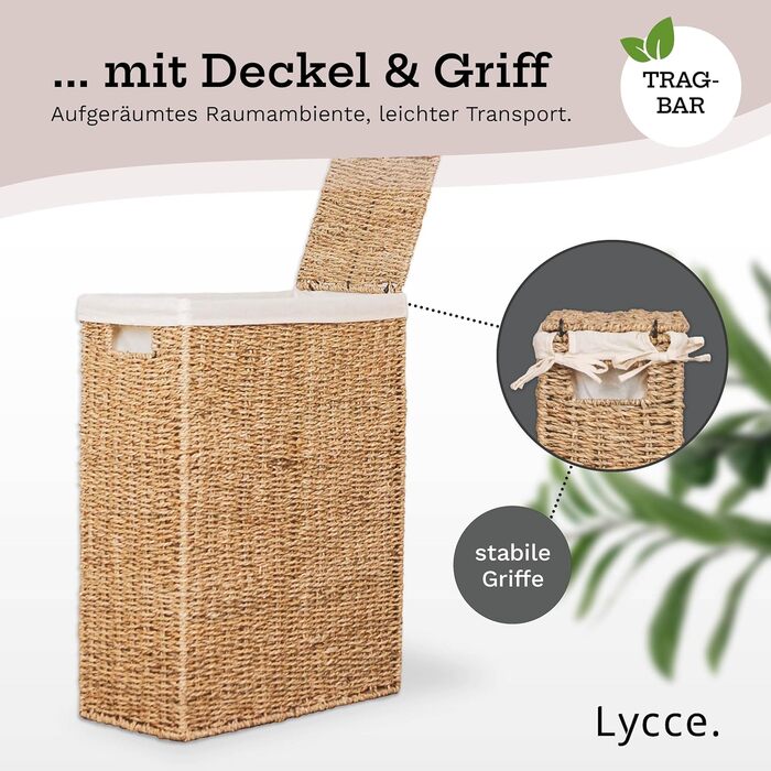 В'язковий кошик для білизни Lycce 50л з кришкою | Кошик для білизни з ручками з мореної трави | В'язковий кошик для білизни з мішком | Кошик для пляшок та відходів