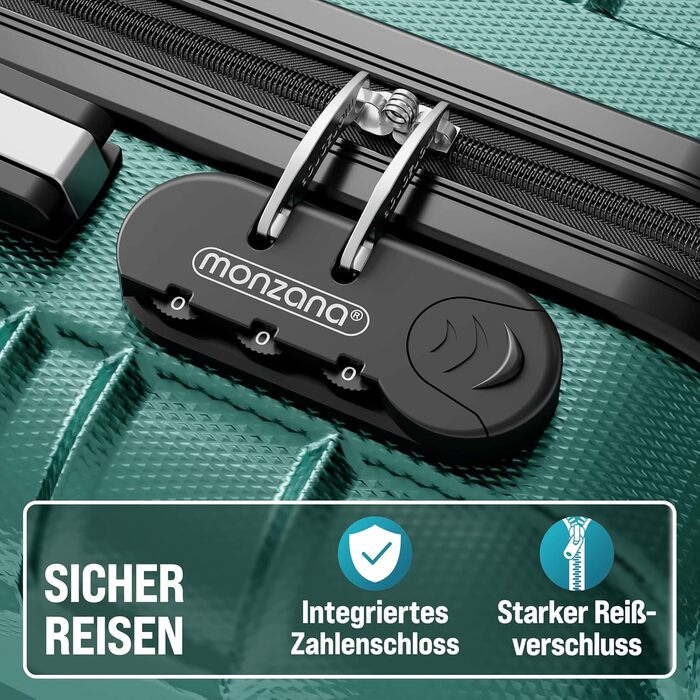 Набір валіз Monzana® 4 шт. з замком, органайзером, вагами та ременем. Валіза-тележка з жорсткою оболонкою S-M-L-XL (зелена)