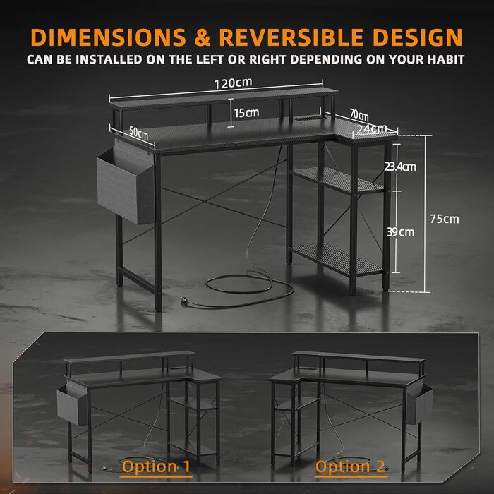 Кутовий письмовий стіл зі світлодіодом, розетки, 120x70 см, L-подібний, двосторонній, вугільно-чорний