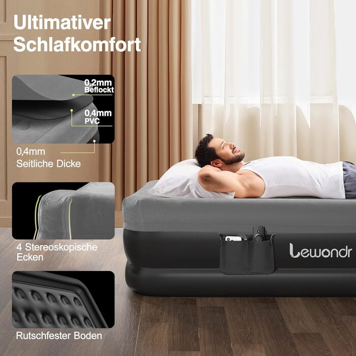 Надувне ліжко Lewondr на 2 особи з вбудованим насосом, 203x152x46 см, сірий колір, 250 кг, для кемпінгу, дому, гостей, подорожей