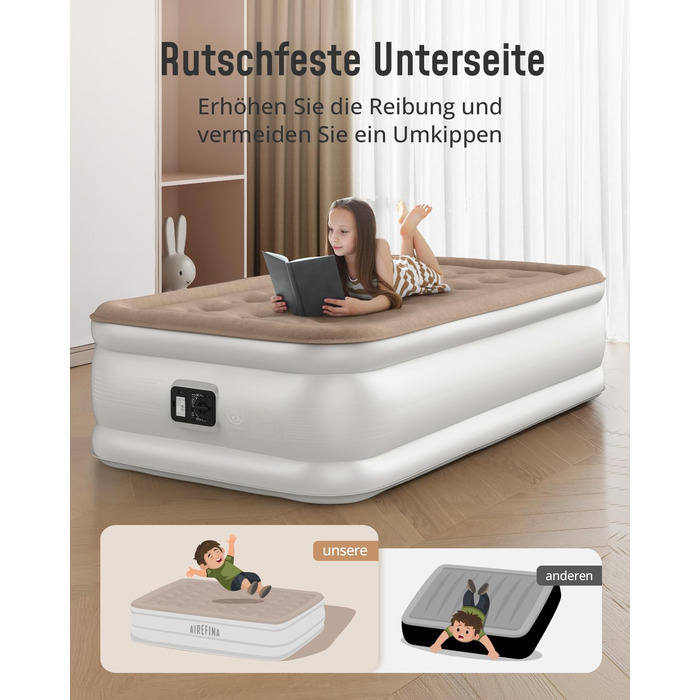 Надувне ліжко Airefina з самонадувною системою та інтегрованим насосом, 203 x 152 x 46 см (1 особа), для кемпінгу та дому
