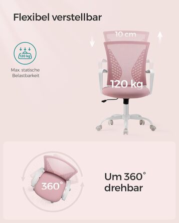 Ергономічне офісне крісло SONGMICS для комп'ютера, сітчасте стілець для робочого столу з функцією гойдання, регулюванням висоти, пастельно-рожеве, до 120 кг, OBN022GD01