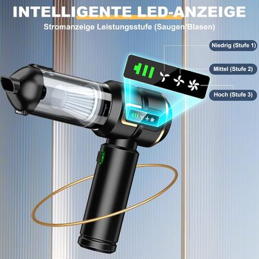 Акумуляторний ручний пилосос 4-в-1 для авто та дому з LCD-дисплеєм, потужність 28000Па, 3 режими роботи, бездротовий міні-пилосос від шерсті та пилу, чорний