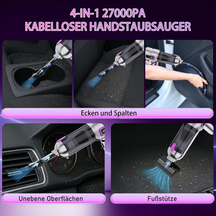 Акумуляторний ручний автомобільний пилосос бездротовий 27000Па, потужний міні-пилосос та електричний обдувач для авто, дому, кухні та ПК