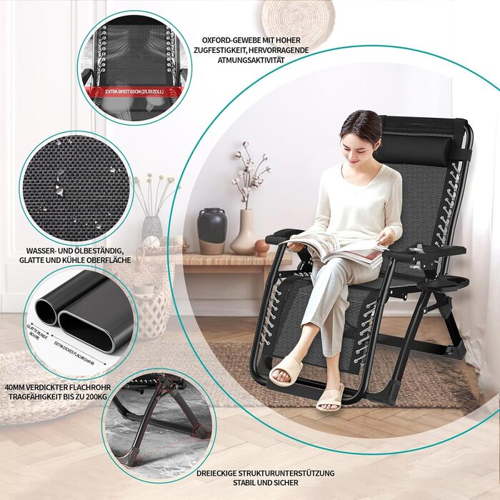 Розкладний шезлонг для відпочинку: зручний садовий стілець з регульованою спинкою, чорний (72 см)