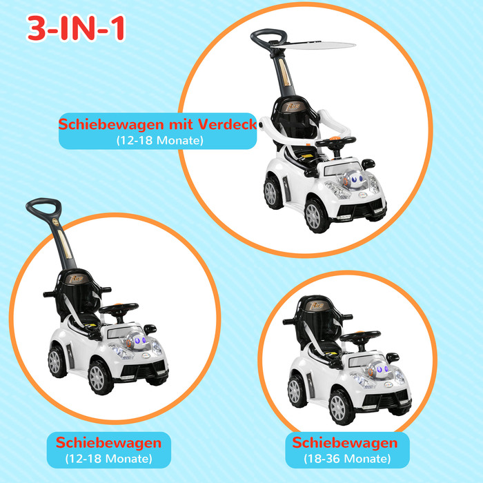 Дитяче катання 2-в-1, знімний капюшон, світлові ефекти, музика, гудок, виготовлено з пластику та металу, розміри 96 x 39 x 90 см, білий/чорний