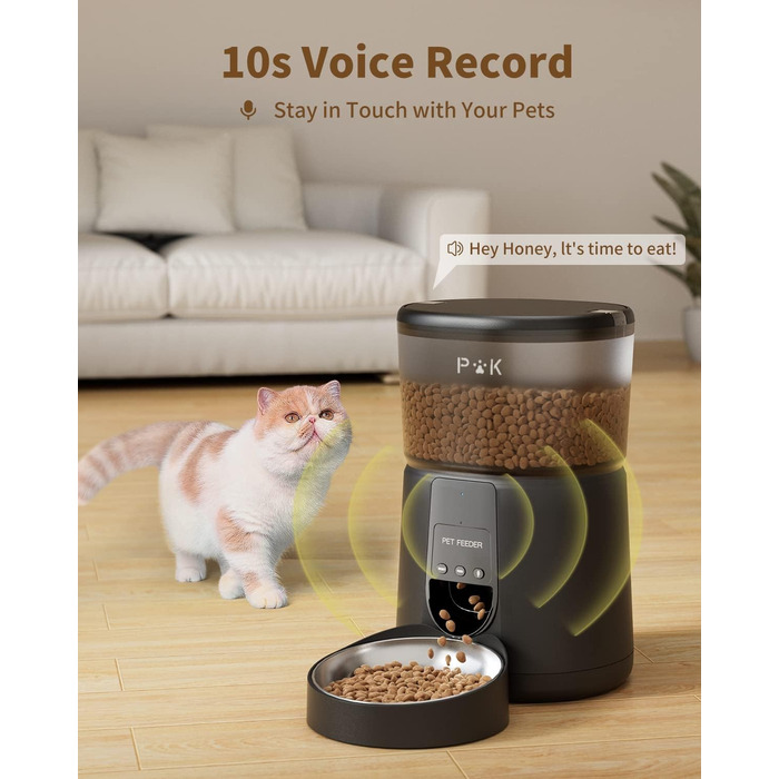 Автоматична годівниця для котів і собак PUPPY KITTY, торговий автомат для розумного корму для котів 2.4G WiFi з мискою з нержавіючої сталі для сухого корму, керування додатками, запис голосу, 1-10-разове харчування Pure Black