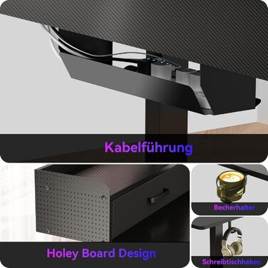 Регульований кутовий стіл L-подібної форми, електричний, 160 x 140 см, з 3 висувними ящиками. Стіл для офісу, роботи, геймінгу, стоячи/сидячи. Чорний колір.