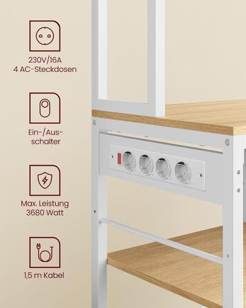 Полиця кухонна VASAGLE з розетками, підлогова, 40 x 100 x 180,4 см, полиця для випічки, регульовані полиці, тканинний ящик, 12 гачків, для кухні, антрацитово-чорний, KKS027B02