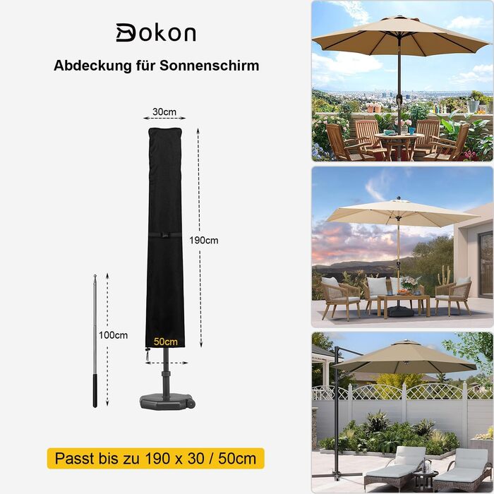 Захисний чохол для парасольки з основою, чохол для парасольки Ø 400 см / 300x300 см, водовідштовхуючий, вітростійкий, захист від УФ-променів, накриття для садової парасольки, ринкової парасольки (Чорний, 190x30/50 см)