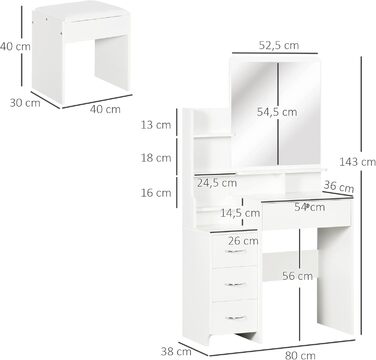 Туалетний столик HOMCOM з табуреткою, дзеркалом, висувними ящиками, захистом від перекидання, білий, 80x38x143см