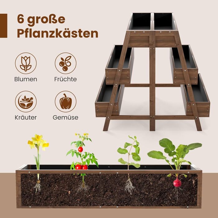 Вертикальна грядка COSTWAY з 3 ярусами, 6 контейнерами для квітів, дерев'яний ящик для рослин на терасу, балкон, сад - коричневий, 126x90x115 см