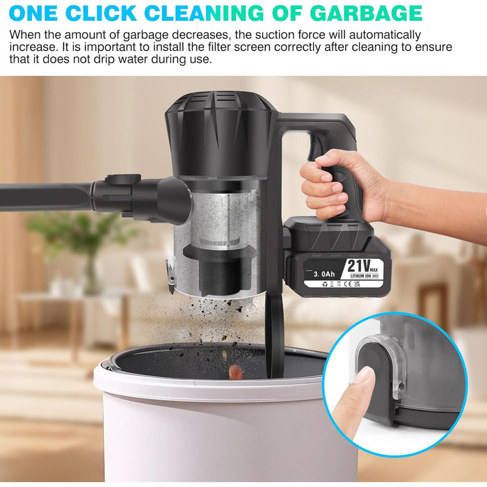 Акумуляторний пилосос 10-15Kpa з 2 режимами, 2 x 3000mAh акумулятори, 140W, LED-щітка, 2-в-1, довга насадка, ручний пилосос з 2 акумуляторами