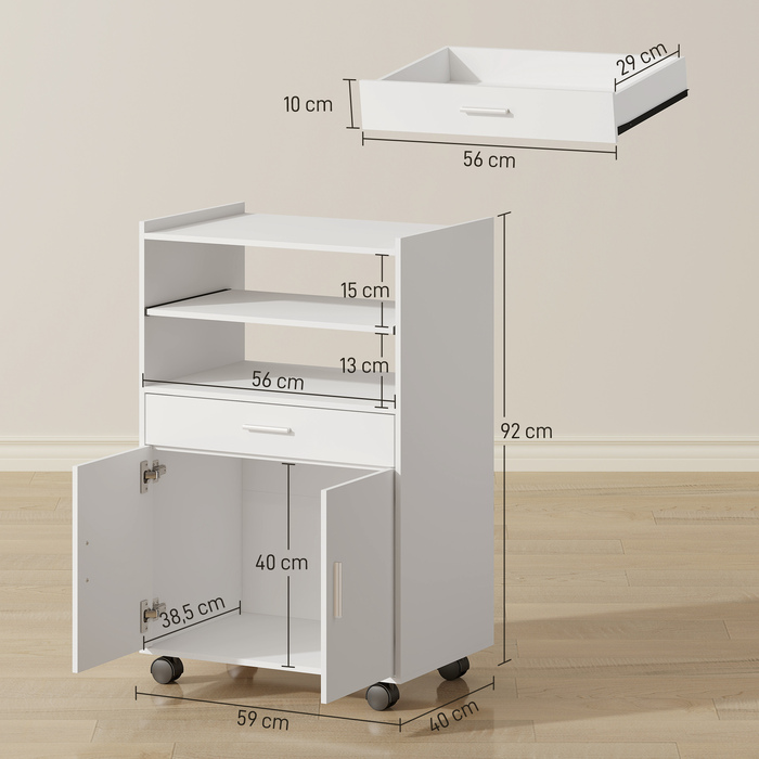 Мікрохвильова шафа-стелаж з двома дверцятами та висувними ящиками на колесах, білий