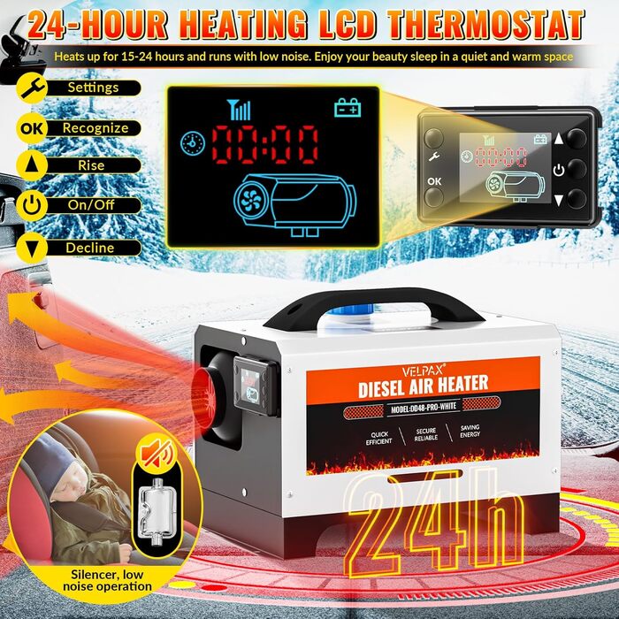 Дизельний обігрівач Diesel Air Heater 8 кВт з пультом керування та LCD-дисплеєм 12/24/110-240V, Bluetooth, швидкий нагрів для автодому, причепа, автомобіля