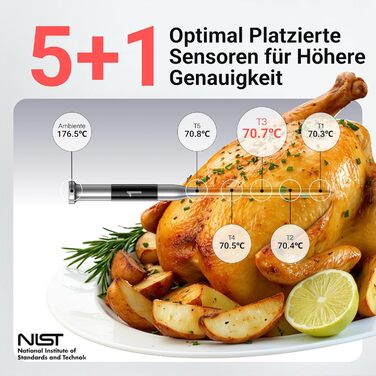 ThermoMaven P2 Розумний термометр для м'яса з Bluetooth 5.3, 6 датчиків, Wi-Fi моніторинг, водонепроникний IPX8, для гриля, духовки, кухні, фритюрниці (1 зонд)