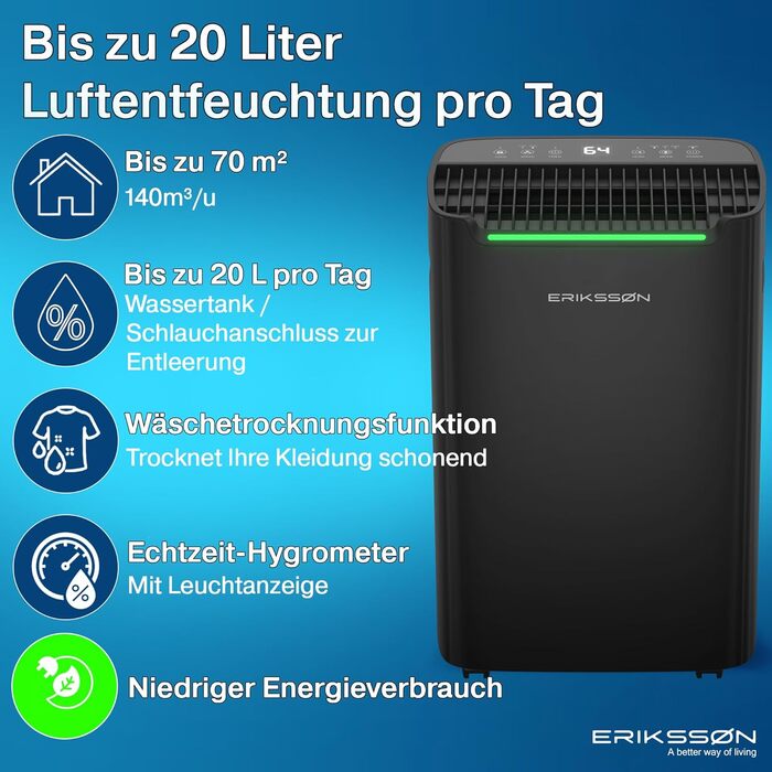 Електричний осушувач повітря з LED-дисплеєм, таймером та захистом від дітей | Здатний видалити 16л вологи на добу | Для приміщень до 70м² | Енергоефективний осушувач з датчиком вологості | Білий (20л - Чорний)