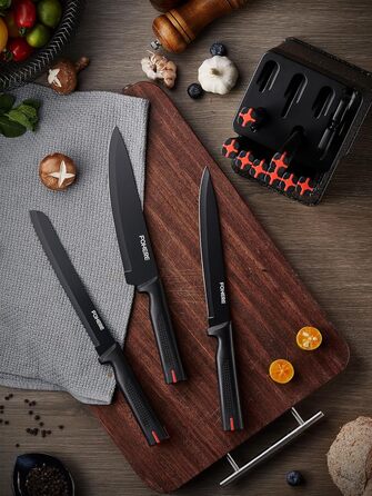 Набір ножів FOHERE 13 предметів з точилкою: якісний набір кухонних ножів з нержавіючої сталі з точилкою та підставкою, чорний граніт