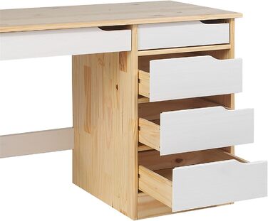 Письмовий стіл IDIMEX Hugo з масиву сосни натурального/білого кольору, красивий учнівський стіл з 5 висувними ящиками, практичний офісний стіл з поперечиною для стійкості