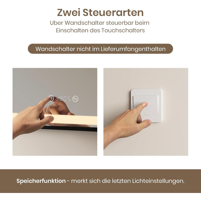 Дзеркало для ванної кімнати EMKE з підсвіткою 70x50 см, чорне, з сенсорним керуванням, регулюванням яскравості, протитуманним покриттям, годинником, функцією пам'яті та нейтральним світлом 4300K, енергозберігаюче, вологостійке (IP44)