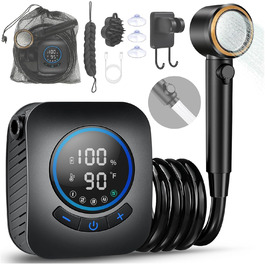 Електричний душ для кемпінгу MIAOKE 7800 mAh з цифровим дисплеєм та індикатором температури, портативний душ для подорожей, походу, кемпінгу - золотий