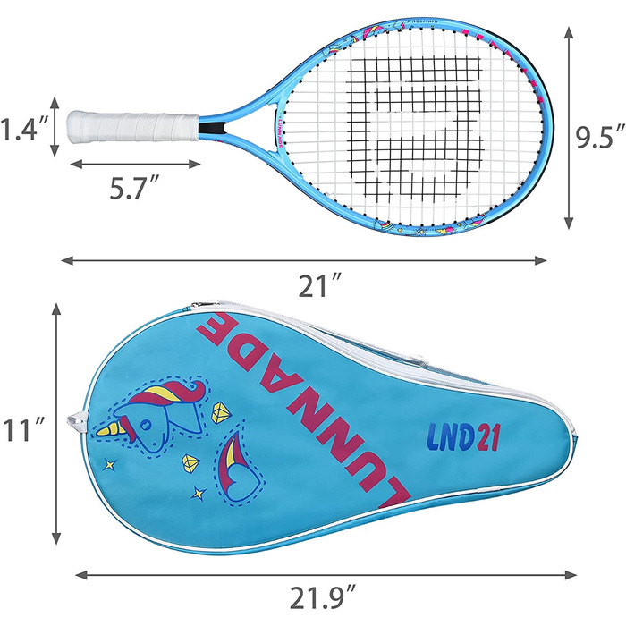Тенісна ракетка LUNNADE Junior, 21 дюйм, з чохлом, для початківців, вік 3-12 років, синя