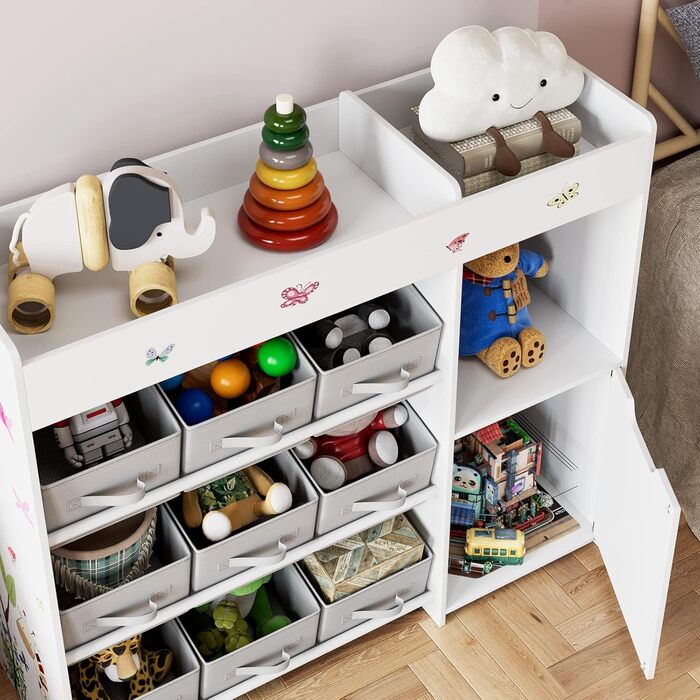 Дитяча полиця для іграшок HOCSOK з 9 ящиками, органайзер для іграшок, великий об'єм зберігання, книжкова полиця для дитячої кімнати, дерево, білий, 90 x 80 x 29,5 см