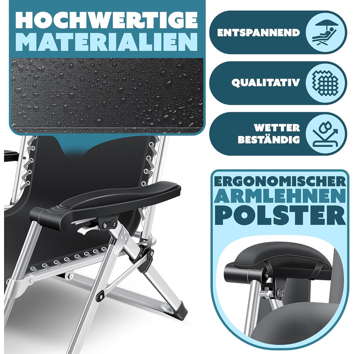 Шезлонг KESSER® для саду, широке посадкове місце, стійкий до погодних умов, витримує до 200 кг, ергономічна спинка з регулюванням та подушкою, підсклянник, підлокітники та бічна кишеня, антрацитовий колір