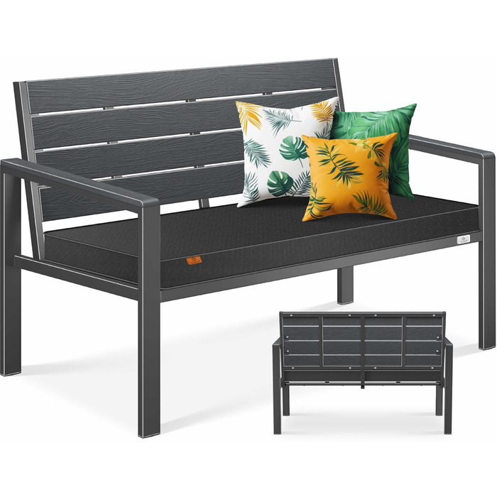 Садова лавка KESSER® з подушкою – лавка для відпочинку на вулиці, 2 місця, паркова лавка з імітацією дерева, для балкона, тераси, саду, вантажопідйомність до 300 кг, стійка до УФ, знімний та пральний чохол, антрацит / антрацит