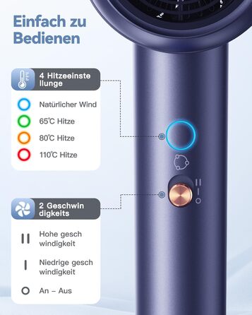 Іонний фен для волосся DEWILY 1800W з дифузором для кучерявого волосся, 3 температурні режими, 2 швидкості, компактний дорожній фен (блакитний)