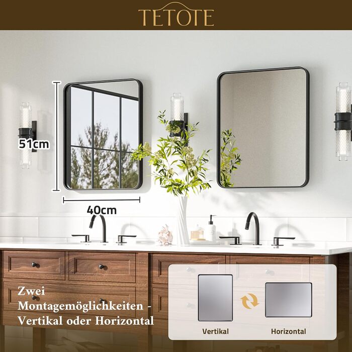 Дзеркало для ванної кімнати TETOTE 40x50 см, чорне, прямокутне, з металевим каркасом, з круглими кутами, для раковини, з загартованого скла