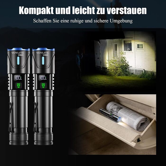 Набір тактичних LED ліхтарів (2 шт.) 1 000 000 Люмен, потужний зарядний ліхтар з зумом, 3 режими освітлення, водонепроникний IPX7 для кемпінгу та туризму, чорний з кольоровими акцентами