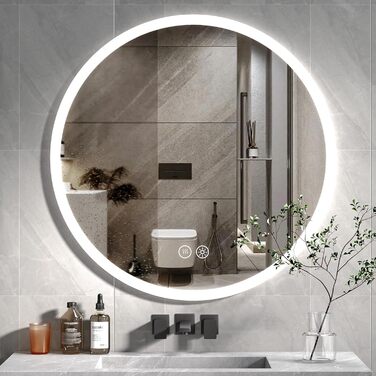 Дзеркало для ванної кімнати HySail з підсвічуванням, 5 мм, високоякісне срібне скло, 3 колірні температури та регульована яскравість, настінне дзеркало з сенсорним перемикачем та антизапарюючим покриттям, кругле (3 кольори + регулювання, 80x80 см)