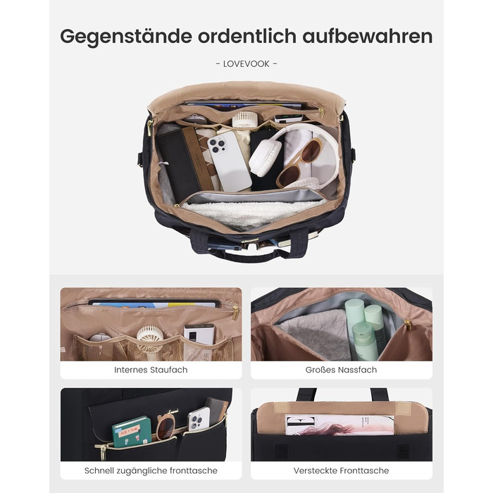 Сумка-валіза LOVEVOOK для жінок, 45L/57L, Weekender, ручна поклажа, велике відкриття, сумка для пологового будинку, спортивна сумка, Travel Duffle Bag, з відділенням для взуття та мокрою білизною (чорний)